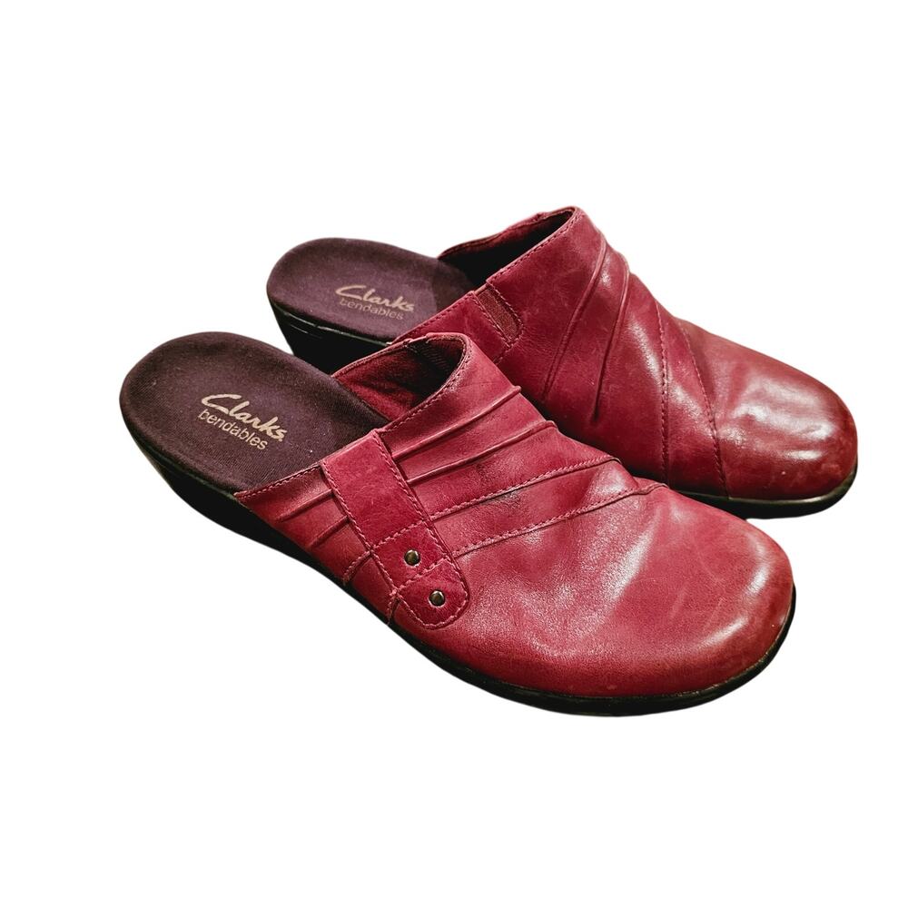 Clarks Prairie Flower Clogs Shoes Women's Size 8M Burgundy Leather Slip On